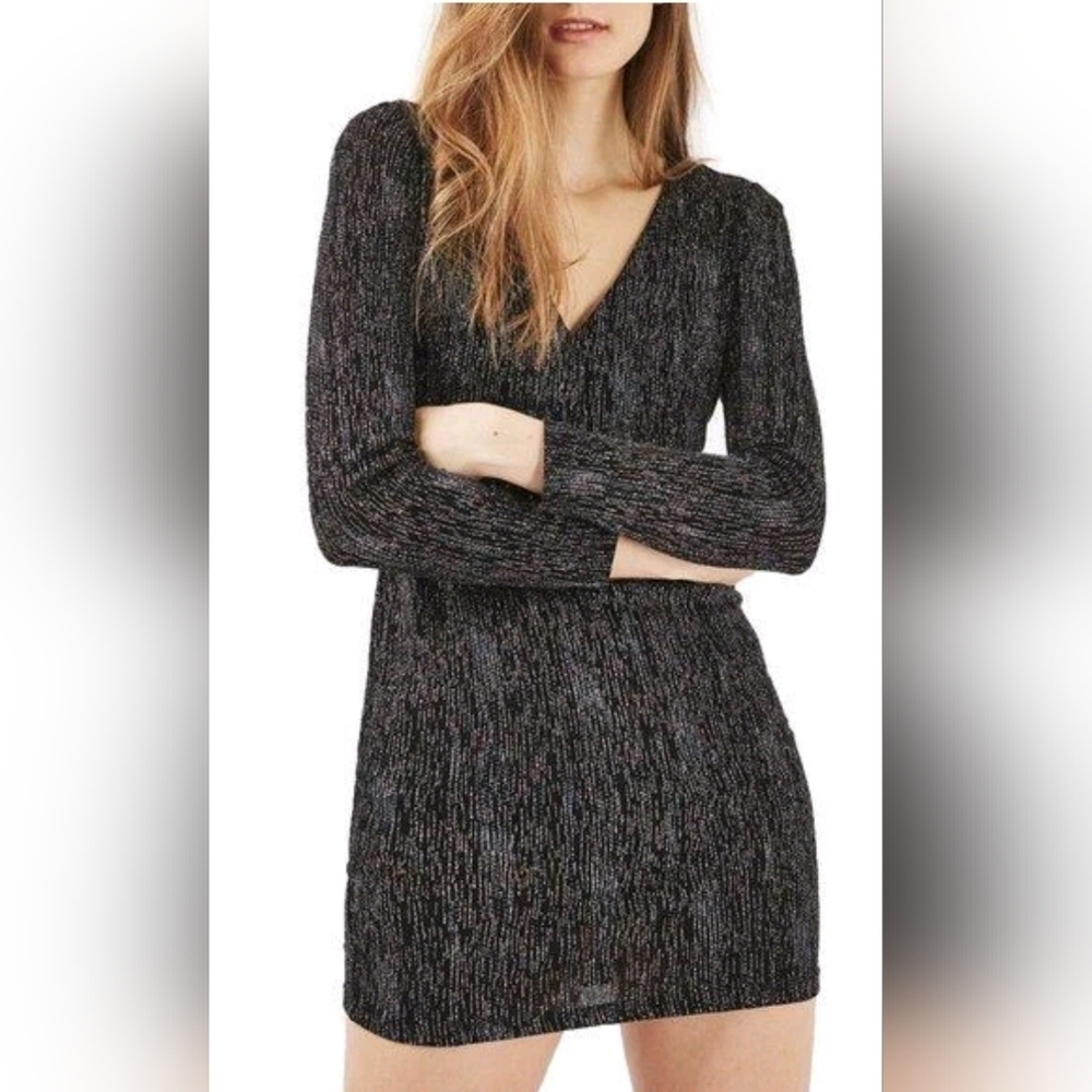 TOPSHOP Women's US 4 Sparkly Glitter Black Long Sleeve Lace Up Back Mini Dress